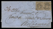 VICTORIA - Postal History: 1862 (Jul.3) outer to Melbourne with perforated Emblems 2d slate-grey (SG.100b) pair tied by unframed 20mm 'BUNINYONG/23' duplex (WWW.20, Rated 4R), 'MELBOURNE/3A' arrival backstamp in red.