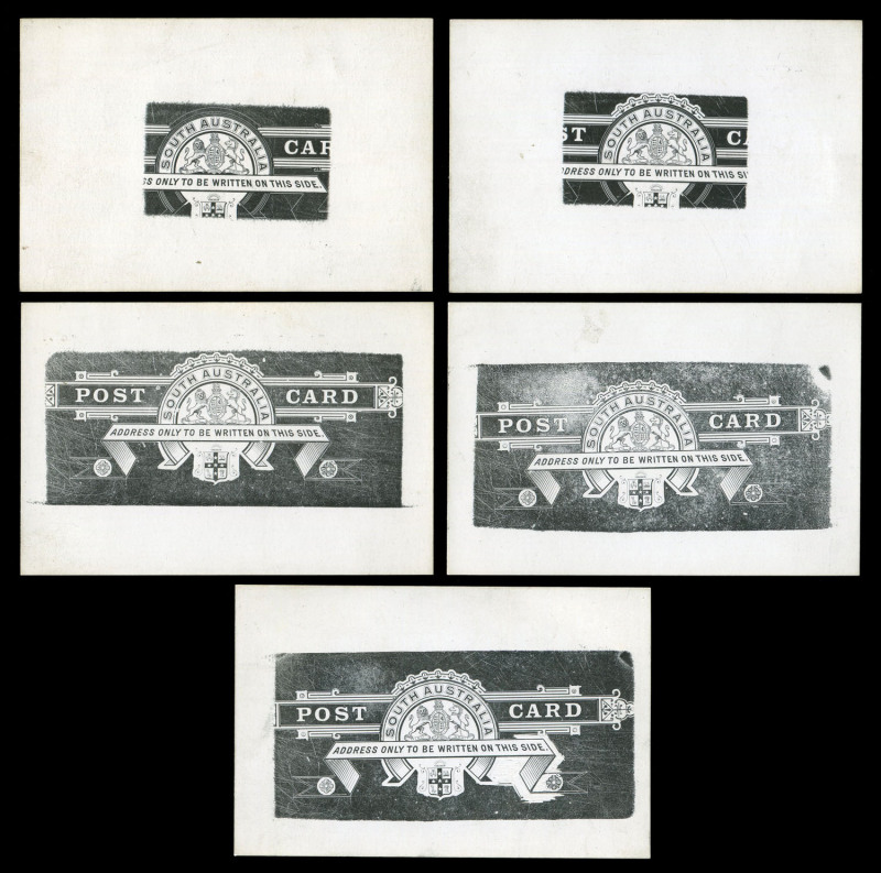 SOUTH AUSTRALIA - Postal Stationery: POSTAL CARDS - 1890 POST CARD DESIGN COMPETITION - PROGRESSIVE DIE PROOFS: Series of proof impressions for 2d Postal Card showing the state of the die at various stages of production. Superb and rare. (5 items)