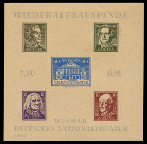 GERMANY: ALLIED OCCUPATION - RUSSIAN ZONE - THURINGEN: 1946 National Theatre rouletted M/S (Mi. Block 3B) with variety "6pf Schiller value printed in dark brown-olive rather than the usual dark orange-brown", additionally with a "Small white scar on the right limb of 'M' of 'RM', fresh MUH; Michel Specialised ref - Block 3Bb ya (VIII). Dr. Michael Jasch Certificate (2015).