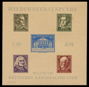 GERMANY: ALLIED OCCUPATION - RUSSIAN ZONE - THURINGEN: 1946 National Theatre rouletted M/S (Mi. Block 3B) with variety "6pf Schiller value printed in dark brown-olive rather than the usual dark orange-brown", additionally with a "Small white scar on the 