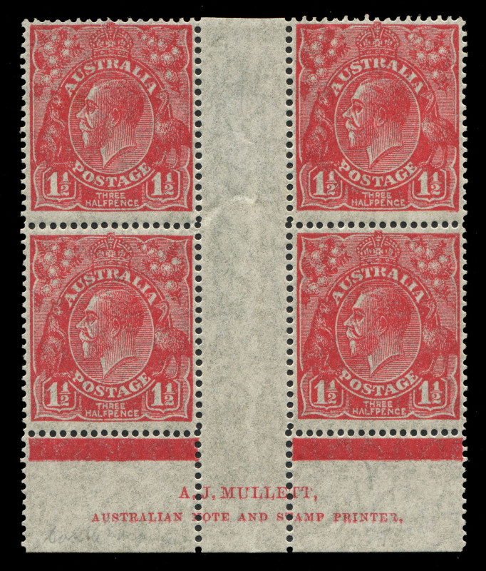 AUSTRALIA: KGV Heads - Small Multiple Watermark Perf 14: 1½d Red on Translucent Paper, Plate 4 Mullet Imprint block of 4 with variety "'ST' of 'POSTAGE' joined" [4R55], MLH with lower units MUH. BW:91aa(4)za - extrapolated Cat. $450+.