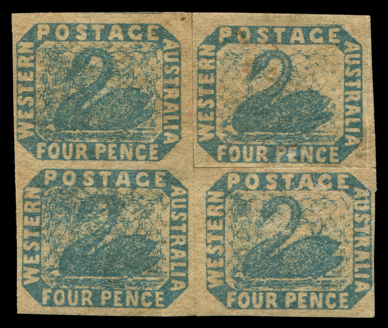 WESTERN AUSTRALIA: 1854-55 (SG.3a,3x) Litho 4d Blue rejoined block of 4 comprising vertical pair at left and two singles at right, upper-right unit variety "Coloured Line above 'AGE' of 'POSTAGE' [R.8/6, 'Inverted Frame' position] (thin under 'PE' of 'PE