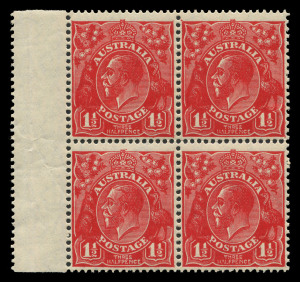 AUSTRALIA: KGV Heads - Small Multiple Watermark Perf 13½ x 12½: 1½d Deep Golden Scarlet marginal block of 4, fresh MUH. BW:92J - Cat.$3600+. One single sheet came onto the market in 1969. Previously only punctured 'OS' had been recorded in this distinctive shade.