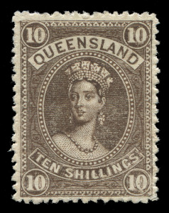 QUEENSLAND: 1882-95 (SG.160) Wmk Crown/Q Thick Paper 10/- brown Large Chalon, well-centred, fine mint with large-part o.g., Cat. £130.