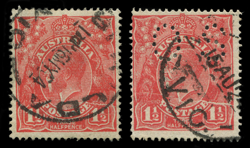 AUSTRALIA: KGV Heads - Single Watermark: 1½d Red Die I variety "Cracked electro" [17R26], two examples, one an early state, the other (perf 'OS'), being a highly advanced state with a widening of the crack at lower right, both fine used, BW:89(17)r - Cat