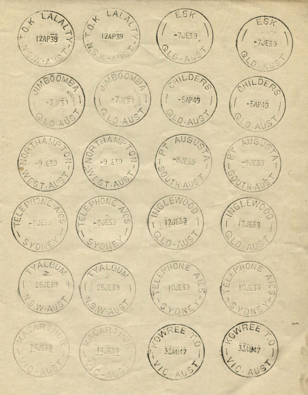 AUSTRALIA: General & Miscellaneous: POSTMARKS - PROOF STRIKES IN RECORD BOOK: Australian Datestamp manufacturer's 1938-39 record book containing nearly 700 mostly very fine/superb datestamps struck in chronological order, prior to allocation to the appro