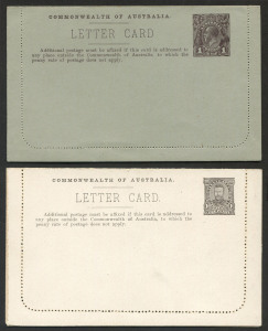 AUSTRALIA: Postal Stationery: Letter Cards: 1911-12 1d Full-Face Design perf.10 on white card with cream interior "Mosman Bay - Sydney" in sepia, fine unused, (BW:LC11/77); 1913-14 1d Kangaroo Design Die 2 perf.10 on greenish-grey card, "Ballarat" (2) one