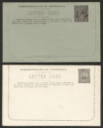 AUSTRALIA: Postal Stationery: Letter Cards: 1911-12 1d Full-Face Design perf.10 on white card with cream interior "Mosman Bay - Sydney" in sepia, fine unused, (BW:LC11/77); 1913-14 1d Kangaroo Design Die 2 perf.10 on greenish-grey card, "Ballarat" (2) one
