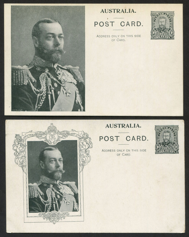 AUSTRALIA: Postal Stationery: Postal Cards: 1911 1d Coronation selection comprising KGV Unframed Rectangle Type 2 ('H.W.Barnett' 6½mm long) on White Card (Buff on Reverse), BW:P3(2)B (slight tone); KGV Ornate Unshaded Rectangle ('H.W.Barnett' in lower cas