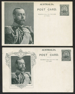 AUSTRALIA: Postal Stationery: Postal Cards: 1911 1d Coronation selection comprising KGV Unframed Rectangle Type 2 ('H.W.Barnett' 6½mm long) on White Card (Buff on Reverse), BW:P3(2)B (slight tone); KGV Ornate Unshaded Rectangle ('H.W.Barnett' in lower case with stop) on White Card (Buff on Reverse), BW:P5(1)B;