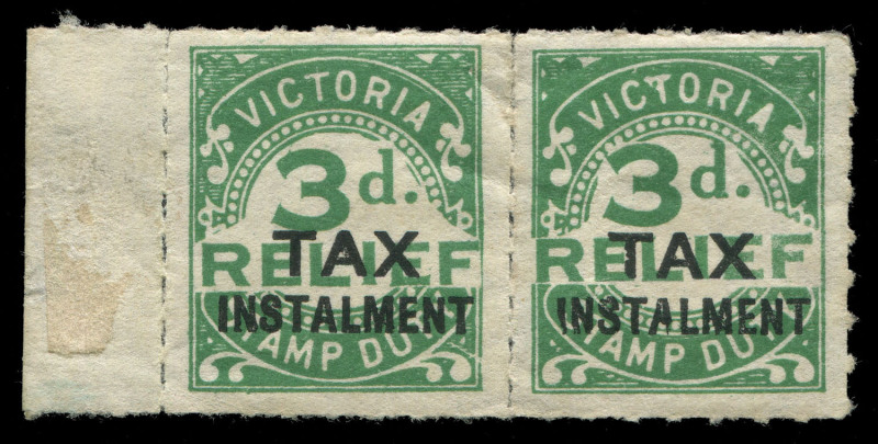 VICTORIA - Revenues: TAX INSTALMENT: 1933 provisional 'TAX/INSTALMENT' Overprint on rouletted 3d Numeral marginal pair, fine mint, Elsmore Online, Cat $400+.