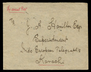 AUSTRALIA: Aerophilately & Flight Covers: Nov 1919 - Feb 1920 (AAMC. 27e) A Bandar Abbas - Karachi "intermediate" cover flown by Ross & Keith Smith, with feint 3-line "PER VICKERS "VIMY" AEROPLANE TO AUSTRALIA" cachet and endorsed "By aerial Post" at lef