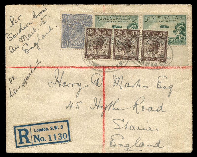 AUSTRALIA: Aerophilately & Flight Covers: 25 June 1929 (AAMC.142) flown cover from Australia to England per "Southern Cross" arriving 10 July. Franked with 8d in Australian stamps the cover is over-franked with 3x1½ British UPU stamps perforated AAO / Co