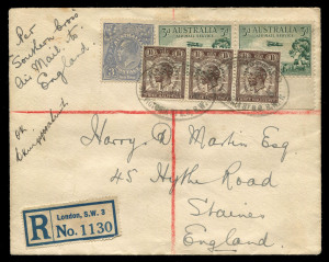 AUSTRALIA: Aerophilately & Flight Covers: 25 June 1929 (AAMC.142) flown cover from Australia to England per "Southern Cross" arriving 10 July. Franked with 8d in Australian stamps the cover is over-franked with 3x1½ British UPU stamps perforated AAO / Co of the Anglo-American Oil Co. and posted at Gt. Victoria St., London to the addressee at Staines with backstamps from both offices. Endorsed at left by Bassett-Taylor and signed by Kingsford Smith.