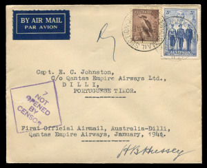 17-19 Jan. 1941 (AAMC.912) Australia - Dilli, Portuguese Timor, flown cover carried and signed by the pilot, H. B. Hussey on the QANTAS flying boat "Coriolanus" G-AETV. This was the first time Dilli had been included as an intermediate on the route to Sin