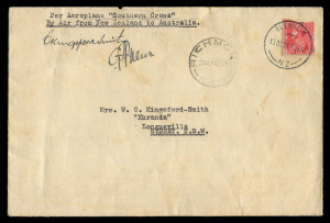 AUSTRALIA: Aerophilately & Flight Covers: THE FIRST FLIGHT FROM NEW ZEALAND TO AUSTRALIA: 13 October 1928 (AAMC.126) Blenheim (N.Z.) - Sydney flown cover, carried on board the "Southern Cross" on the return flight to Australia. This cover, addressed to M