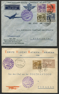 NETHERLANDS INDIES - Postal History: 1934-37 group of airmail covers many with attractive cachets and/or frankings with outward (6) including 1936 Java-Borneo, 1937 Balikpapan-Tarakan; also incoming (3, all from Netherlands) including 1934 Amsterdam to Burns Philp in Sourabaya; some covers with vertical folds,generally fine. (9)