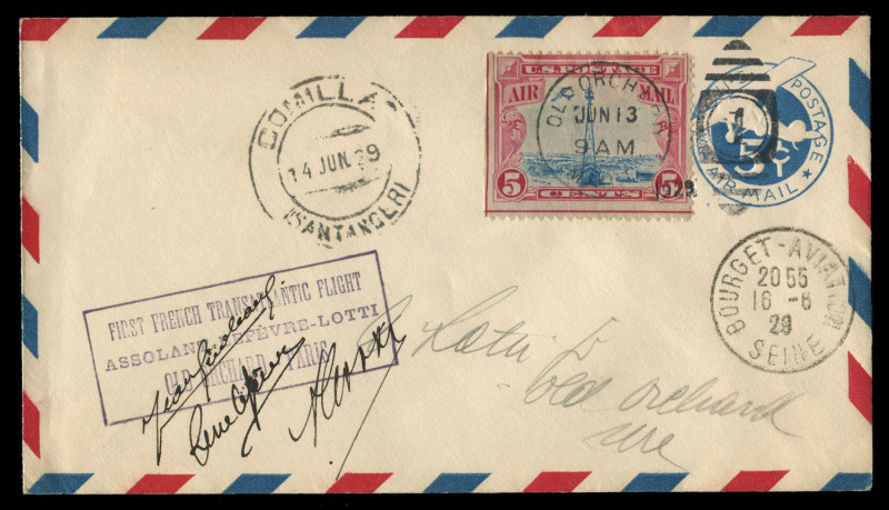 UNITED STATES OF AMERICA - Aerophilately & Flight Covers: 13 Jun. 1929 use of 5c Stationery Envelope uprated with 5c Air Mail (Scott C11), flown on Transatlantic flight by French monoplane "Yellow Bird" destined for Paris with 'FIRST FRENCH TRANSATLANTIC