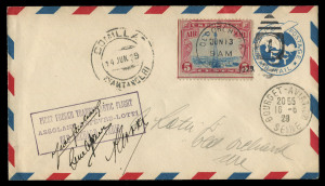 UNITED STATES OF AMERICA - Aerophilately & Flight Covers: 13 Jun. 1929 use of 5c Stationery Envelope uprated with 5c Air Mail (Scott C11), flown on Transatlantic flight by French monoplane "Yellow Bird" destined for Paris with 'FIRST FRENCH TRANSATLANTIC FLIGHT' cachet, forced to land at Comilias, Spain due to a fuel shortage, receiving a 'COMILIAS/14JUN/29' transit datestamp, Paris 'BOURGET-AVIATION/16-6/29' arrival datestamp, signed by the French crew of Armand Lotti, Jean Assollant & Rene Le