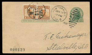UNITED STATES OF AMERICA - Aerophilately & Flight Covers: 28 June 1928 'Around the World' flight illustrated 1c Postal Card, commemorating world's fastest circumnavigation, flown by John Henry Mears and Charles Collyer, address side with 'NEW YORK/JUN 28' duplex tying the card and a MUKDEN transit datestamp tying China 1c Junks pair, on reverse NEW YORK/JUL 22' arrival datestamp, card numbered '000120'; fine condition.