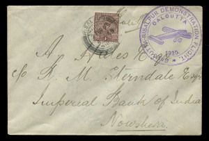 INDIA - Aerophilately & Flight Covers: 2 Feb. 1925 Rislapur-Calcutta cover carried on RAF demonstration flight with large 'CALCUTTA-RISALPUR DEMONSTRATION FLIGHT/CALCUTTA/1925' cachet in violet, India KGV 1a tied by RISLAPUR '2FEB25' datestamp, signed by pilot Flight Lt Gordon. Only 124 flown; also 25 Oct. 1936 Paris-Saigon Air Race cover carried by Arnoux, Japy & Micheletti in a Caudron 'Goeland', the place crashing in Karachi with India 3p added tied by 'KARACHI AIR' datestamp