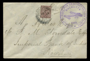 INDIA - Aerophilately & Flight Covers: 2 Feb. 1925 Rislapur-Calcutta cover carried on RAF demonstration flight with large 'CALCUTTA-RISALPUR DEMONSTRATION FLIGHT/CALCUTTA/1925' cachet in violet, India KGV 1a tied by RISLAPUR '2FEB25' datestamp, signed by