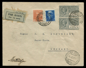 ITALY: FLIGHT COVER:16 Dec.1929 Italy-Benghazi (Libya) cover carried by Walter Mittelholzer, with Italian Airmail 60c pair plus 35c & 15c Definitives tied by CATANIA FERROVIA datestamps, on reverse 'BENGASI/17.12.29/CORRISPONDENZE' arrival datestamp, signes by Mittelholzer at lower left. Only 21 flown. Swiss SBPV/ASEP Certificate (1994) signed by Rene Bohler.