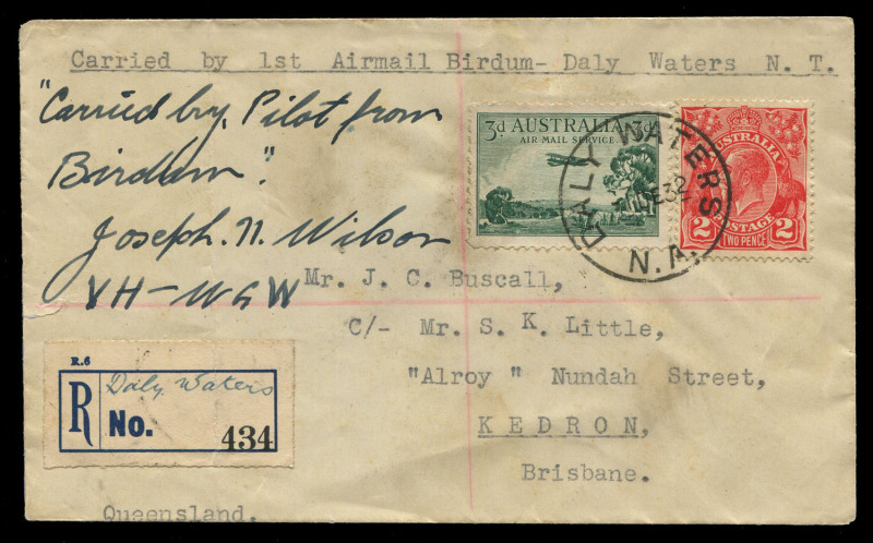 AUSTRALIA: Aerophilately & Flight Covers: 1 Dec. 1931 (AAMC.295b) Birdum - Daly Waters registered cover addressed to Brisbane, endorsed "Carried by Pilot from Birdum" and signed "Joseph N. Wilson", flown by Qantas under their renewed contact to carry mai