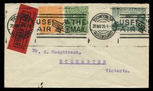 AUSTRALIA: Other Pre-Decimals: 1929 (SG.115) 3d Airmail (plus KGV ½d Orange & 1d Green) tied to plain FDC by bold strike of 'TOOWOOMBA/20MAY/29' airmail slogan FDI cancel, QANTAS 'Western Queensland' vignette, (Frommer.18d), typed address, ROCHESTER (Vic