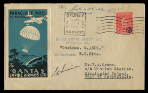 AUSTRALIA: Aerophilately & Flight Covers: PARACHUTE MAIL: 22 Dec.1941 (AAMC.935) Sydney - Mornington Island Christmas Mail cover carried by Qantas and signed by the pilot E.C. Sims, black/blue Qantas vignette, Dropped by parachute with signed acknowledge