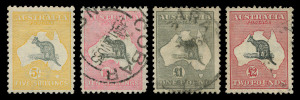 AUSTRALIA: General & Miscellaneous: 1913-50s mint & used collection with mint Roos 1st Wmk to 1/- (9d with "Break in shading over first 'N' of 'NINE' [2R36]" & 5/- (MLH) plus mint duplicates to 1/-, used 3rd Wmk £1 Grey, CofA 10/- & £2 (well centred, li