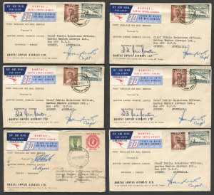 AUSTRALIA: Aerophilately & Flight Covers: 14 Nov. 1953 (AAMC.1331-1332) First Regular Airmail Service covers between Sydney - Bangkok, signed by pilot Capt. J. Pollock or between Bangkok - Sydney (5), all signed by pilot Capt. J. Haylock; every cover with Qantas 30th Anniversary vignette and each with a different pictorial 'Fly by Qantas' or 'Fly by Kangaroo Service' label on reverse, Cat. $540. (6 covers)