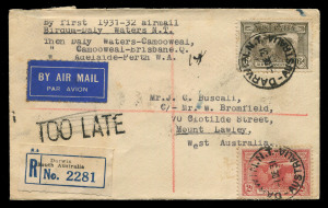 AUSTRALIA: Aerophilately & Flight Covers: 3 Dec.1931 (AAMC.228) (Darwin) - Birdum - Daly Waters cover, addressed to Mount Lawley (WA), with fine 'DARWIN/1DE/31 datestamp tying stamps, flown by Qantas to connect these centres during the rainy season when 