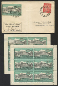AUSTRALIA: Aerophilately & Flight Covers: 25 Mar.1935 (AAMC.495b. Frommer.48f1) WASP Airlines vignette full sheet of 6 in green and black, IMPERFORATE, upper left corner unit defective, gum adhesions affecting three units, Cat. $750; also perforated sheet of 6 MUH, and used single perforated example on Narromine - Sydney flight cover (AAMC.494),