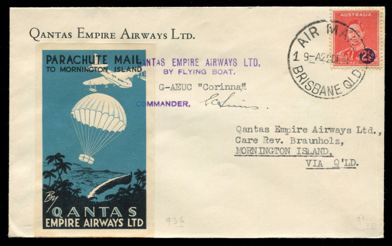 AUSTRALIA: Aerophilately & Flight Covers: PARACHUTE MAIL: Christmas Mail covers carried by Qantas to Mornington Island comprising 18 Dec. 1941 (AAMC.936) from Brisbane signed by pilot E.C. Sims; 23 Dec. 1942 (AAMC.950) from Sydney signed by pilot W.H. Cr