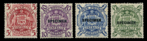 AUSTRALIA: Other Pre-Decimals: 1948-56 (SG.224bs-224ds) 10/-, £1 & £2 Arms overprinted 'SPECIMEN', plus 5/- Arms CTO, unmounted. BW: 269x-271x (+268w) - Cat. $295.