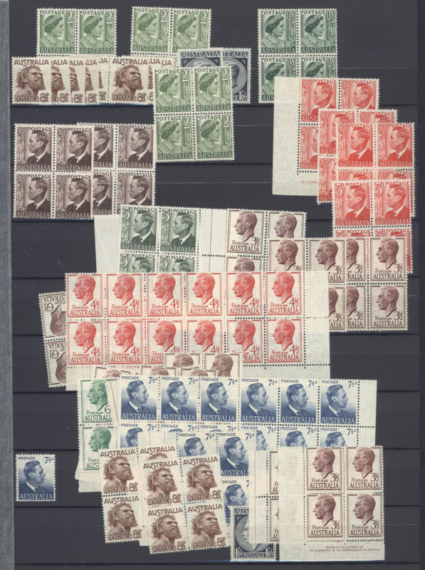 AUSTRALIA: Other Pre-Decimals: 1927-1965 pre-decimal accumulation in stockbook with lots of MUH multiples including 1929 WA Centenary Pl.5 blocks of 4 (2), 1935 2d Jubilee Pl. 2 & Pl.3 upper-right corner blocks, 1942-50 KGVI 2½d Scarlet panes of 80 (2, c