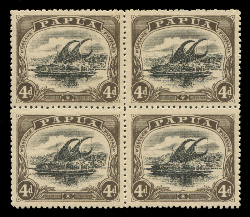 PAPUA: 1910-11 (SG.79a) Large 'PAPUA' Wmk Crown/double-lined 'A' 4d black & sepia P12½ block of 4, lower-right unit variety "Deformed 'D', exemplary centring, MLH, Cat £260+.