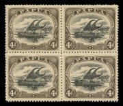 PAPUA: 1910-11 (SG.79a) Large 'PAPUA' Wmk Crown/double-lined 'A' 4d black & sepia P12½ block of 4, lower-right unit variety "Deformed 'D', exemplary centring, MLH, Cat £260+.