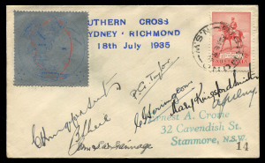 AUSTRALIA: Aerophilately & Flight Covers: "The Last Flight of the Southern Cross": 18 July 1935 (AAMC.514, 515, 516e&f) collection comprising low-numbered covers #3 and #14 each bearing an imperforate or a perforated special vignette, both covers signed by all seven personnel aboard this historic short flight from Mascot to Richmond, namely pilots Charles Kingsford Smith and P.G.Taylor, who were accompanied by Mary Kingsford Smith, John Stannage, Beau Shiel, John Ulm & C.G.Scrimgeour (radio bro