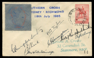 AUSTRALIA: Aerophilately & Flight Covers: "The Last Flight of the Southern Cross": 18 July 1935 (AAMC.514, 515, 516e&f) collection comprising low-numbered covers #3 and #14 each bearing an imperforate or a perforated special vignette, both covers signed 