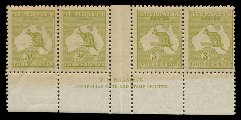 AUSTRALIA: Kangaroos - Third Watermark: 3d Olive (Die 2B) Harrison Two-line Imprint strip (4) from Plate 3, MUH but with gum/paper discolouration (from poor previous housing). BW:14(3)za+ - $1500+ (not priced **).