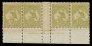 AUSTRALIA: Kangaroos - Third Watermark: 3d Olive (Die 2B) Harrison Two-line Imprint strip (4) from Plate 3, MUH but with gum/paper discolouration (from poor previous housing). BW:14(3)za+ - $1500+ (not priced **).