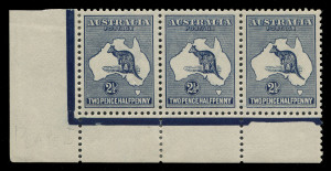 AUSTRALIA: Kangaroos - Third Watermark: 2½d Deep Indigo, lower left corner strip of (3) showing the "No Monogram" position from the left pane, M/MUH. 
