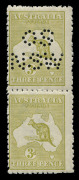 AUSTRALIA: Kangaroos - Third Watermark: 3d Olive (Die 2B) vertical pair, the upper unit perforated OS/NSW; MUH. An extreme rarity.