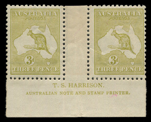 AUSTRALIA: Kangaroos - Third Watermark: 3d Olive (Die 2B) Harrison Two-line Imprint pair from Plate 4, MUH but with a band of light gum discolouration (from poor previous housing). BW:14(4)za+ - $1500+ (not priced **).