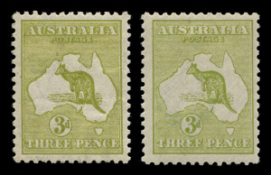 AUSTRALIA: Kangaroos - Third Watermark: 3d Olive (Die 2) & 3d Olive-Green (Die 1), both singles with INVERTED WATERMARKS; superb MVLH. BW:13a+13aa - $1150. (2).