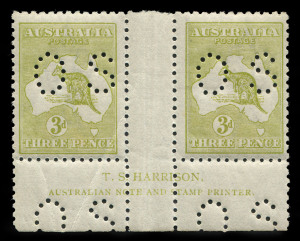 AUSTRALIA: Kangaroos - Third Watermark: 3d Olive (Die 2B) Harrison Two-line Imprint pair from Plate 3, perforated OS; MUH but with a gum bend affecting the LH unit; very attractive frontal appearance and extremely scarce. BW:14(3)za+ - $1500++ (not priced ** or perf.OS).