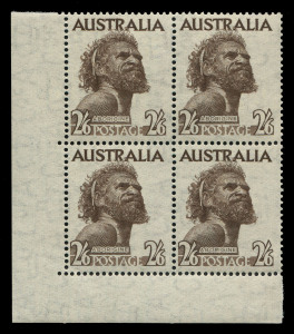 AUSTRALIA: Other Pre-Decimals: 1952 (SG.253) 2/6 Aborigine (Wmk'd paper) No Imprint lower left corner blk.(4); R12/2 with variety "Line through AUSTRALIA". Superb MUH. ACSC:266zd - $200+.