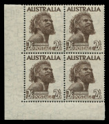 AUSTRALIA: Other Pre-Decimals: 1952 (SG.253) 2/6 Aborigine (Wmk'd paper) No Imprint lower left corner blk.(4); R12/2 with variety "Line through AUSTRALIA". Superb MUH. ACSC:266zd - $200+.